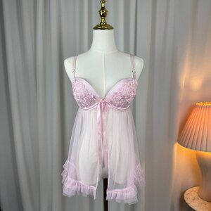 Victoria’s Secret Baby Pink Babydoll Y2K Bow Ruffles Lingerie 34D